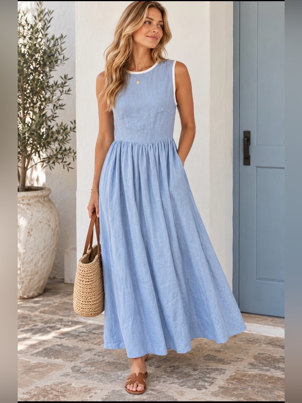 Handmade M Blue Sol Linen white trim maxi Dress Coastal Cottagecore Sleeveles
